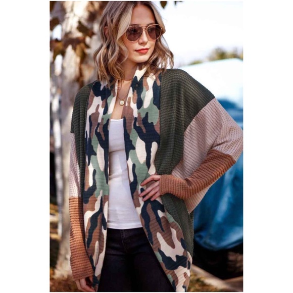 BellanBlue Sweaters - 024 Camo Print Color Block Open Front Waffle Cardigan